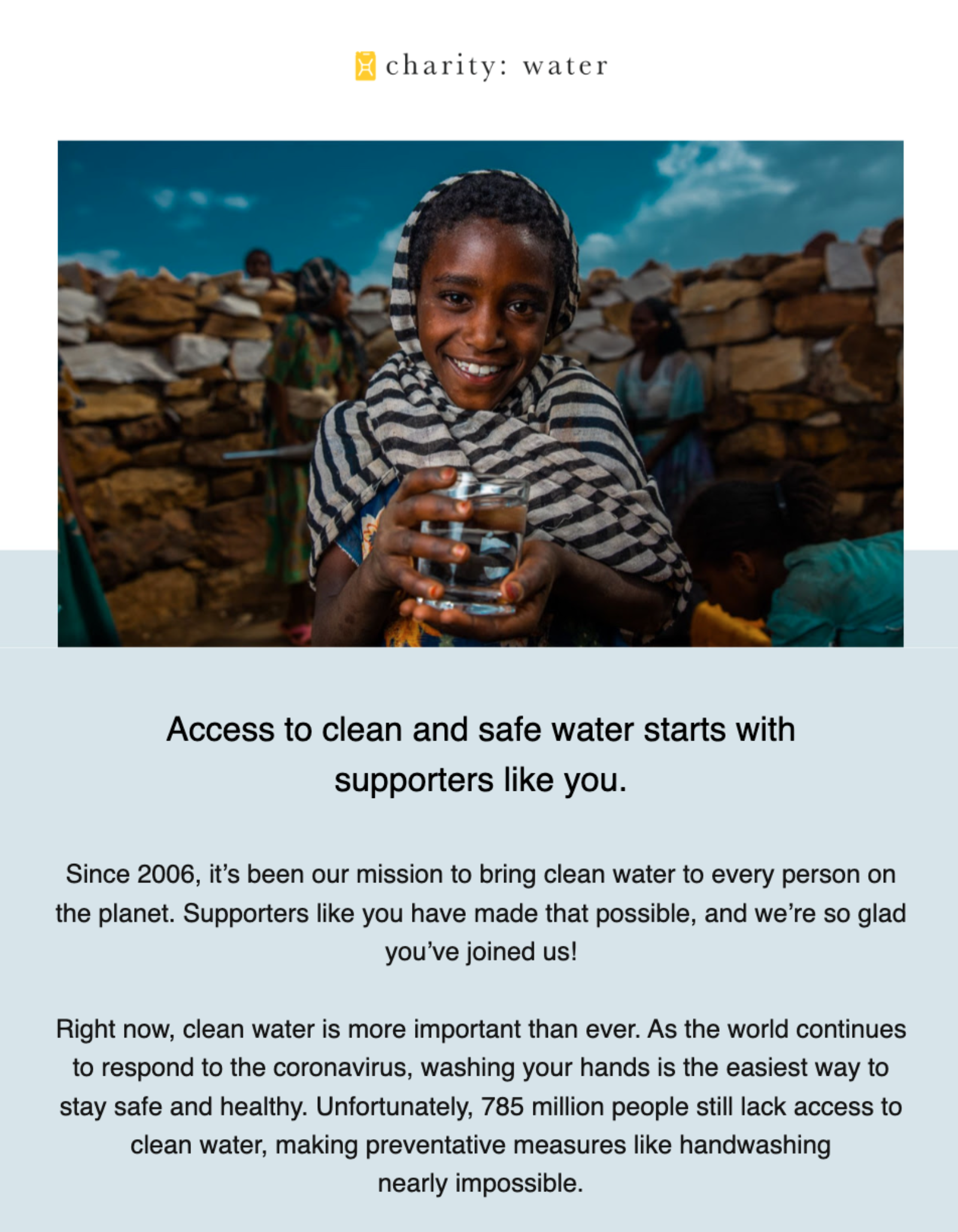 charity water welcome email