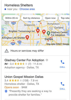 local results pack for homeless shelter